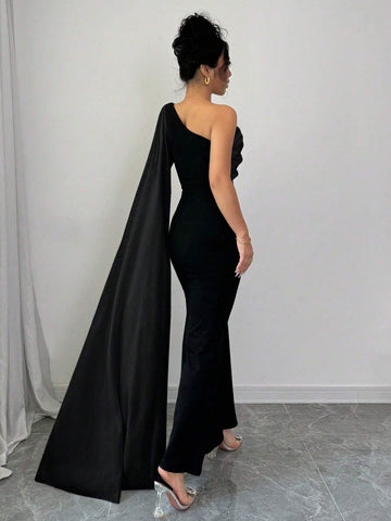 Elenzga Women Dress With Asymmetrical Open Shoulder & 3D Floral Design Maxi Women Outfit Elenzga Women Dress With Asymmetrical Open Shoulder & 3D Floral Design Maxi Women Outfit