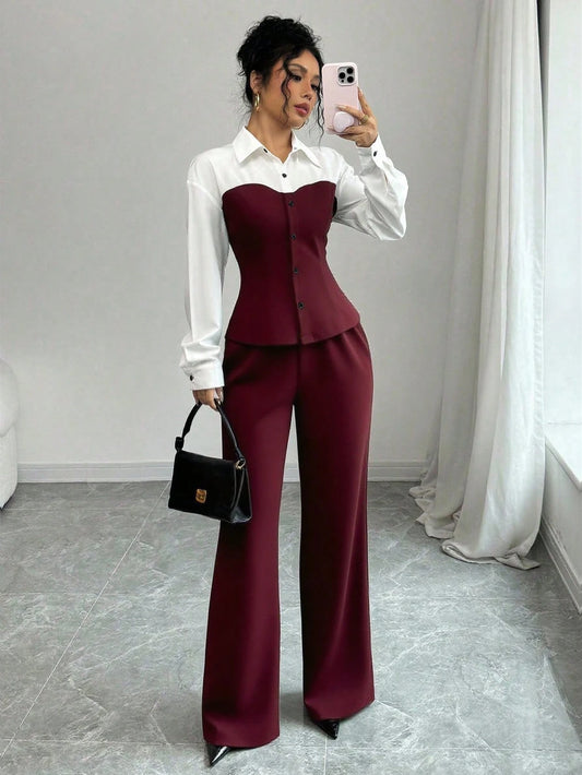Slim Fit Color-Blocking Blouse And Pants