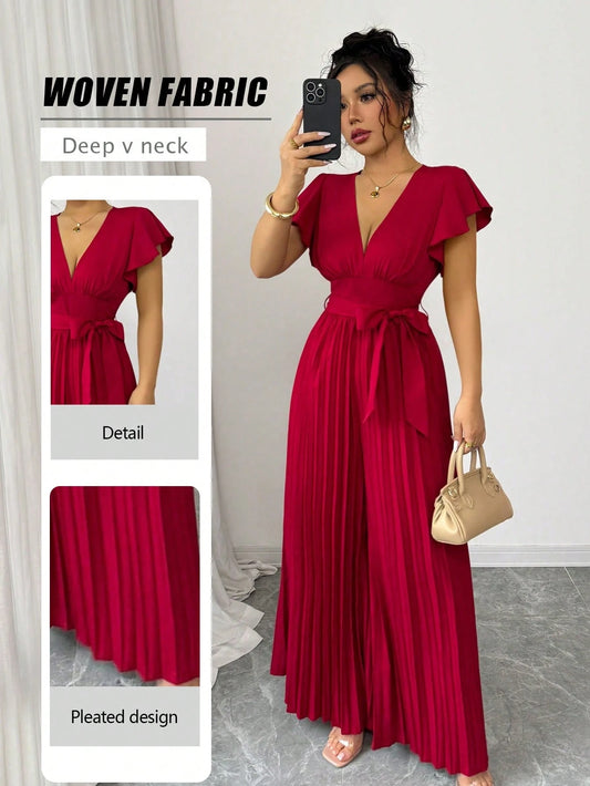 Women V-Neck Flared Ruffle Sleeve Pleated Wide Leg Romper