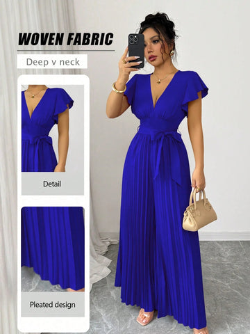 Women V-Neck Flared Ruffle Sleeve Pleated Wide Leg Romper Women V-Neck Flared Ruffle Sleeve Pleated Wide Leg Romper