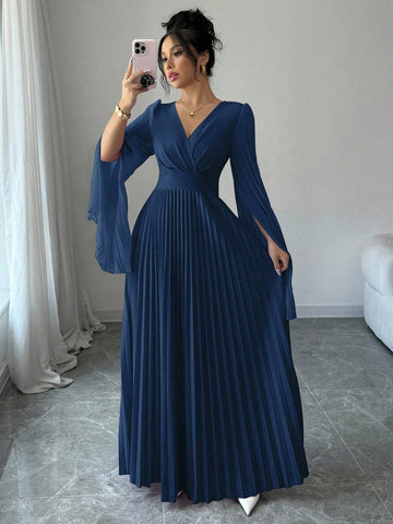 Elenzga V-Neck Pleated Open Sleeve Elegant Romantic Women Dress Elenzga V-Neck Pleated Open Sleeve Elegant Romantic Women Dress