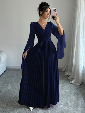 Elenzga V-Neck Pleated Open Sleeve Elegant Romantic Women Dress Elenzga V-Neck Pleated Open Sleeve Elegant Romantic Women Dress