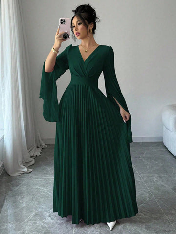 Elenzga V-Neck Pleated Open Sleeve Elegant Romantic Women Dress Elenzga V-Neck Pleated Open Sleeve Elegant Romantic Women Dress