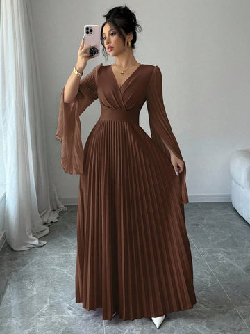 Elenzga V-Neck Pleated Open Sleeve Elegant Romantic Women Dress Elenzga V-Neck Pleated Open Sleeve Elegant Romantic Women Dress
