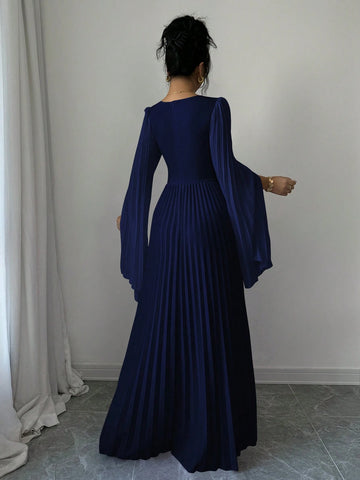 Elenzga V-Neck Pleated Open Sleeve Elegant Romantic Women Dress Elenzga V-Neck Pleated Open Sleeve Elegant Romantic Women Dress