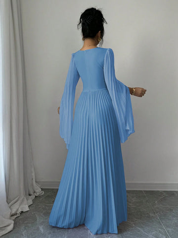 Elenzga V-Neck Pleated Open Sleeve Elegant Romantic Women Dress Elenzga V-Neck Pleated Open Sleeve Elegant Romantic Women Dress