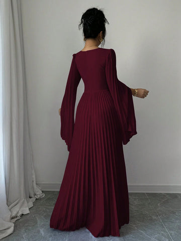 Elenzga V-Neck Pleated Open Sleeve Elegant Romantic Women Dress Elenzga V-Neck Pleated Open Sleeve Elegant Romantic Women Dress