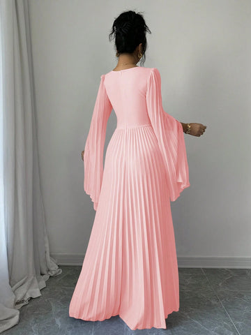 Elenzga V-Neck Pleated Open Sleeve Elegant Romantic Women Dress Elenzga V-Neck Pleated Open Sleeve Elegant Romantic Women Dress