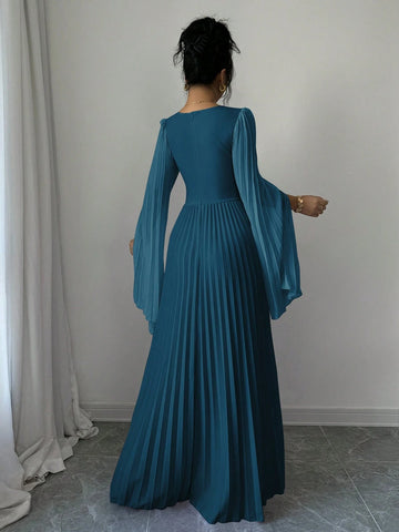 Elenzga V-Neck Pleated Open Sleeve Elegant Romantic Women Dress Elenzga V-Neck Pleated Open Sleeve Elegant Romantic Women Dress