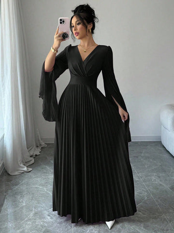 Elenzga V-Neck Pleated Open Sleeve Elegant Romantic Women Dress Elenzga V-Neck Pleated Open Sleeve Elegant Romantic Women Dress