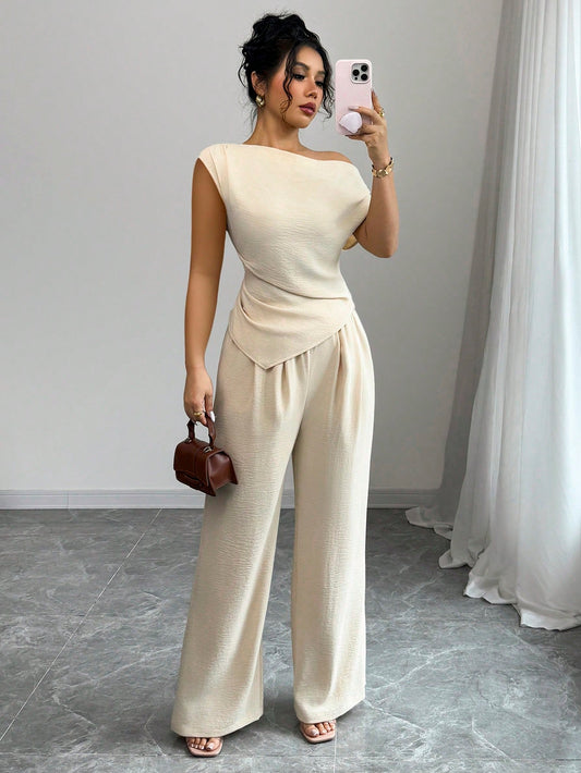 Elegant One-Shoulder Sleeveless Asymmetric Hem Fitted Top And Relaxed Straight Leg Pants