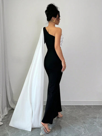 Elenzga Women Dress With Asymmetrical Open Shoulder & 3D Floral Design Maxi Women Outfit Elenzga Women Dress With Asymmetrical Open Shoulder & 3D Floral Design Maxi Women Outfit