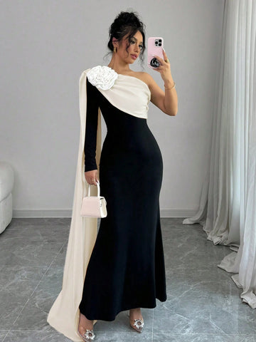 Elenzga Women Dress With Asymmetrical Open Shoulder & 3D Floral Design Maxi Women Outfit Elenzga Women Dress With Asymmetrical Open Shoulder & 3D Floral Design Maxi Women Outfit