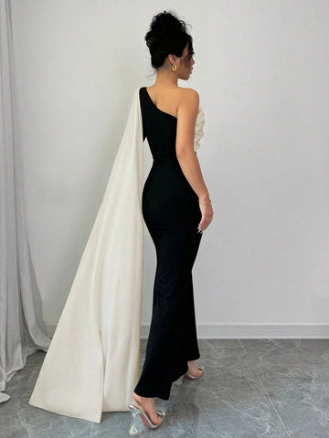 Elenzga Women Dress With Asymmetrical Open Shoulder & 3D Floral Design Maxi Women Outfit Elenzga Women Dress With Asymmetrical Open Shoulder & 3D Floral Design Maxi Women Outfit