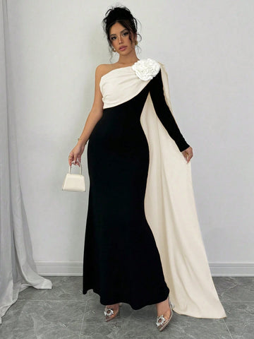 Elenzga Women Dress With Asymmetrical Open Shoulder & 3D Floral Design Maxi Women Outfit Elenzga Women Dress With Asymmetrical Open Shoulder & 3D Floral Design Maxi Women Outfit