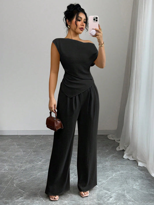 Elegant One-Shoulder Sleeveless Asymmetric Hem Fitted Top And Relaxed Straight Leg Pants
