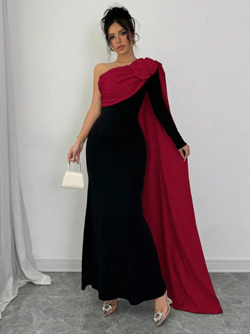 Elenzga Women Dress With Asymmetrical Open Shoulder & 3D Floral Design Maxi Women Outfit Elenzga Women Dress With Asymmetrical Open Shoulder & 3D Floral Design Maxi Women Outfit