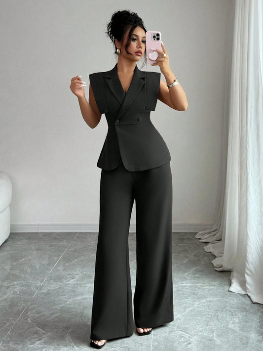 Women's Elegant Casual Suit Set With Sleeveless Blouse And Elastic Waist Pants