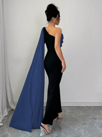 Elenzga Women Dress With Asymmetrical Open Shoulder & 3D Floral Design Maxi Women Outfit Elenzga Women Dress With Asymmetrical Open Shoulder & 3D Floral Design Maxi Women Outfit