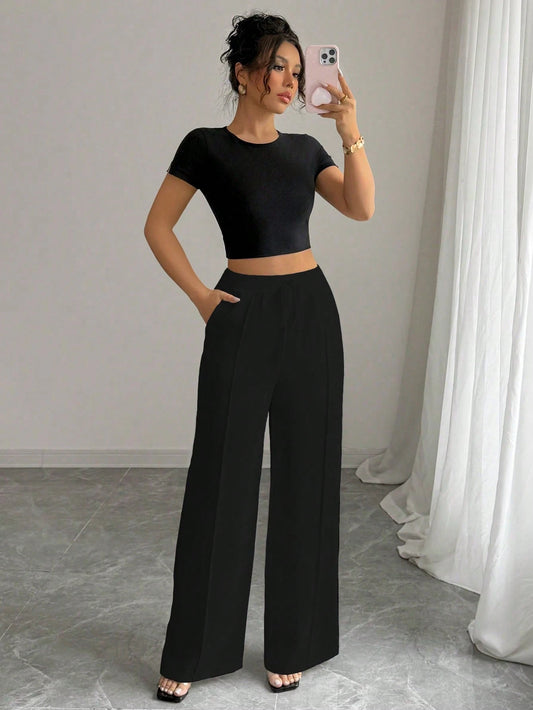Women's Summer White Elegant Waist Tie Design Straight Leg Pants