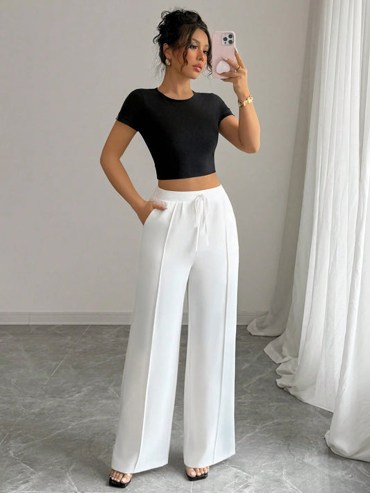 Women's Summer White Elegant Waist Tie Design Straight Leg Pants