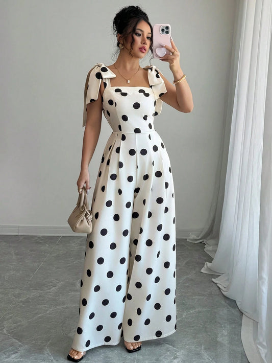 Elenzga Women's Vintage Elegant Polka Dot Print Ruffle Tie Shoulder Jumpsuit