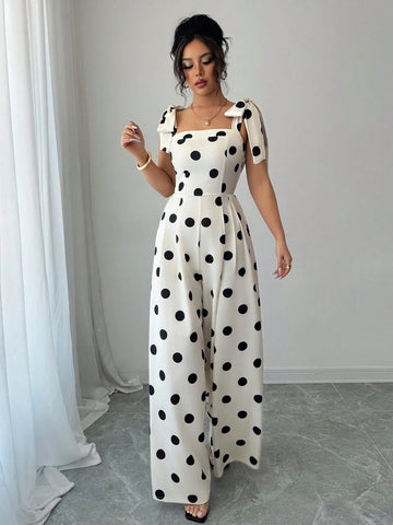 Elenzga Women's Vintage Elegant Polka Dot Print Ruffle Tie Shoulder Jumpsuit Elenzga Women's Vintage Elegant Polka Dot Print Ruffle Tie Shoulder Jumpsuit