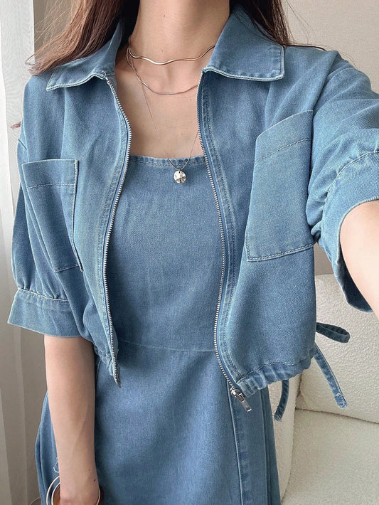 Short Sleeve Zip Front Pocket Top And Denim Skirt