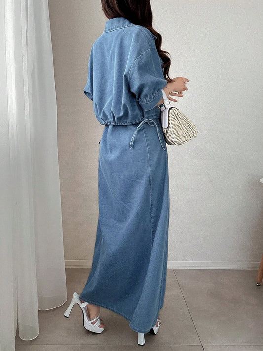 Short Sleeve Zip Front Pocket Top And Denim Skirt