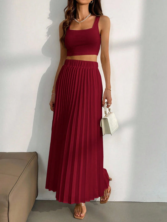 Firerie Women Simple White Tank Top And Pleated Skirt 2-Piece Set