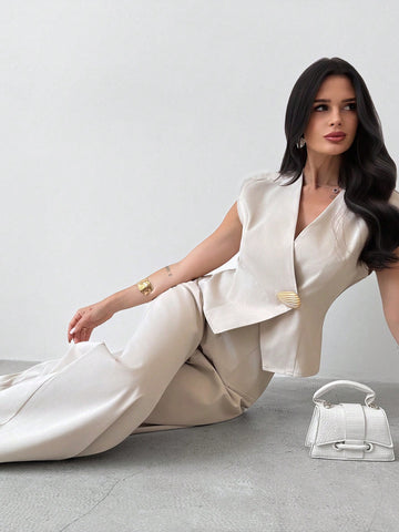 Metal Buckle Puff Sleeve Crop Top And High Waist Wide Leg Pants Metal Buckle Puff Sleeve Crop Top And High Waist Wide Leg Pants