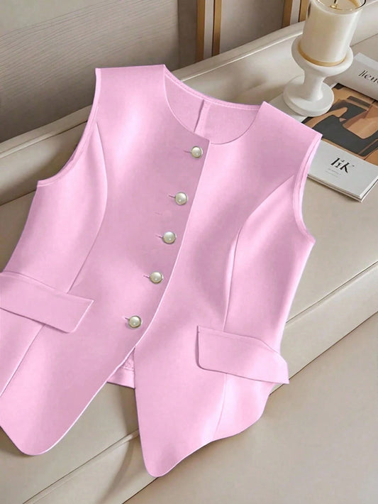 Versatile Sleeveless Single-Breasted Cinched Waist Faux Pocket Women Shirt