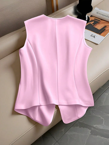 Versatile Sleeveless Single-Breasted Cinched Waist Faux Pocket Women Shirt Versatile Sleeveless Single-Breasted Cinched Waist Faux Pocket Women Shirt