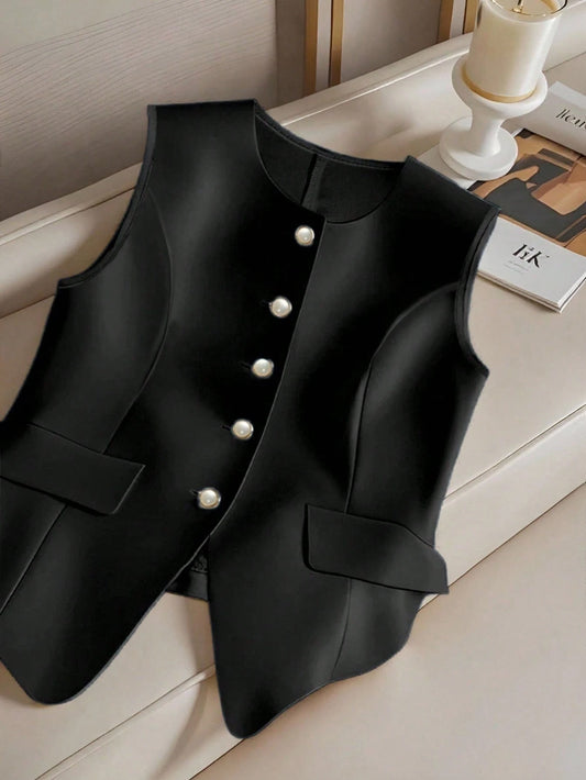 Versatile Sleeveless Single-Breasted Cinched Waist Faux Pocket Women Shirt