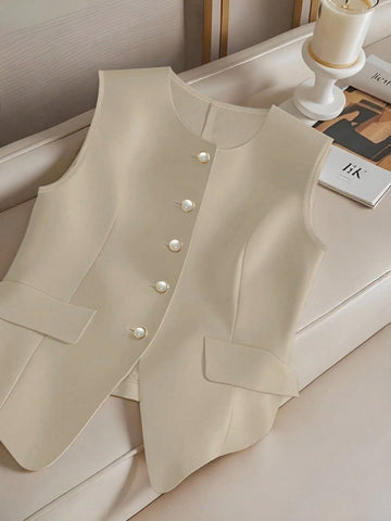 Versatile Sleeveless Single-Breasted Cinched Waist Faux Pocket Women Shirt Versatile Sleeveless Single-Breasted Cinched Waist Faux Pocket Women Shirt