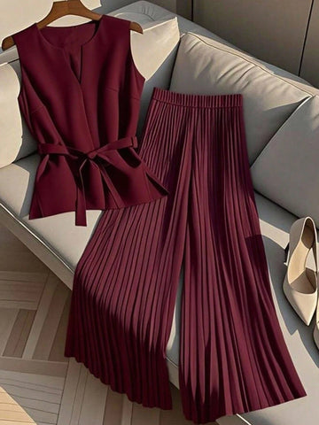 Women Casual Sleeveless V-Neck Top & Pleated Elastic Waist Straight Leg Pants Women Casual Sleeveless V-Neck Top & Pleated Elastic Waist Straight Leg Pants