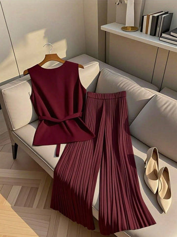 Women Casual Sleeveless V-Neck Top & Pleated Elastic Waist Straight Leg Pants Women Casual Sleeveless V-Neck Top & Pleated Elastic Waist Straight Leg Pants