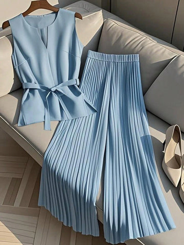 Women Casual Sleeveless V-Neck Top & Pleated Elastic Waist Straight Leg Pants Women Casual Sleeveless V-Neck Top & Pleated Elastic Waist Straight Leg Pants