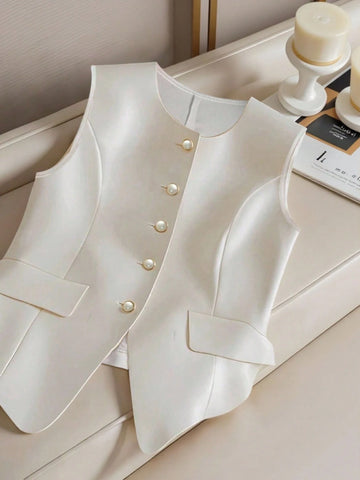 Versatile Sleeveless Single-Breasted Cinched Waist Faux Pocket Women Shirt Versatile Sleeveless Single-Breasted Cinched Waist Faux Pocket Women Shirt