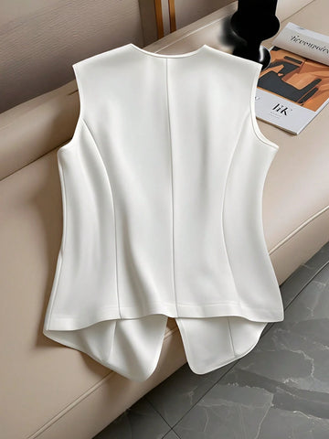 Versatile Sleeveless Single-Breasted Cinched Waist Faux Pocket Women Shirt Versatile Sleeveless Single-Breasted Cinched Waist Faux Pocket Women Shirt