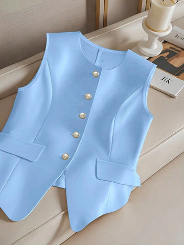 Versatile Sleeveless Single-Breasted Cinched Waist Faux Pocket Women Shirt Versatile Sleeveless Single-Breasted Cinched Waist Faux Pocket Women Shirt