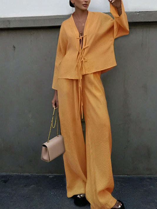 2pcs Women Casual Solid Color Long Sleeve Top And Long Pants Set