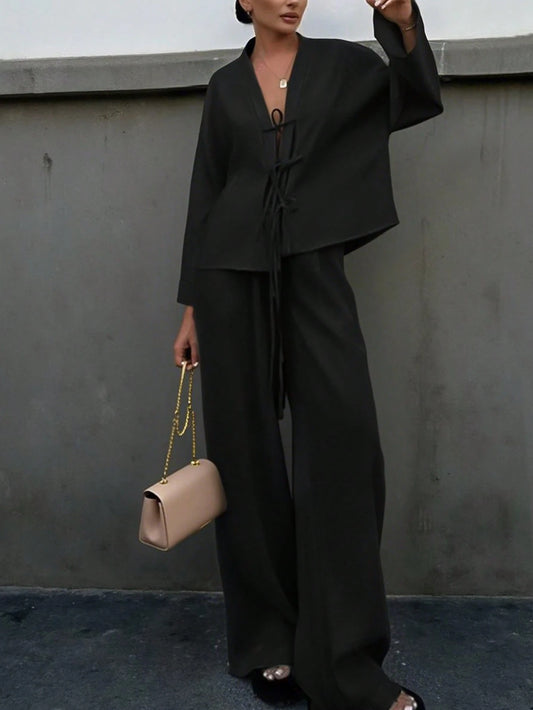 2pcs Women Casual Solid Color Long Sleeve Top And Long Pants Set