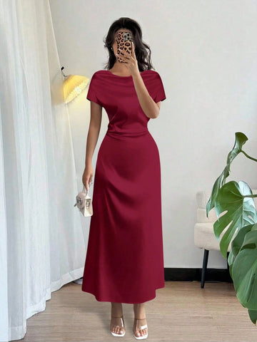 Women Elegant Date/Office Wear High Collar Tie Front Short Sleeve Satin Dress Women Elegant Date/Office Wear High Collar Tie Front Short Sleeve Satin Dress