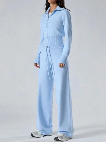 Women's Solid Color Zip Collar Long Sleeve Sweater Cardigan And Knit Pants Women's Solid Color Zip Collar Long Sleeve Sweater Cardigan And Knit Pants