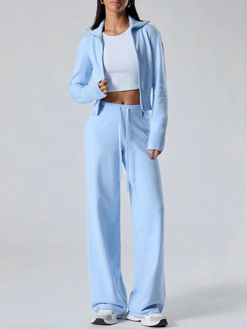 Women's Solid Color Zip Collar Long Sleeve Sweater Cardigan And Knit Pants Women's Solid Color Zip Collar Long Sleeve Sweater Cardigan And Knit Pants