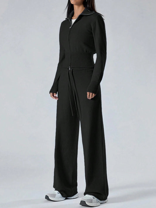 Women's Solid Color Zip Collar Long Sleeve Sweater Cardigan And Knit Pants