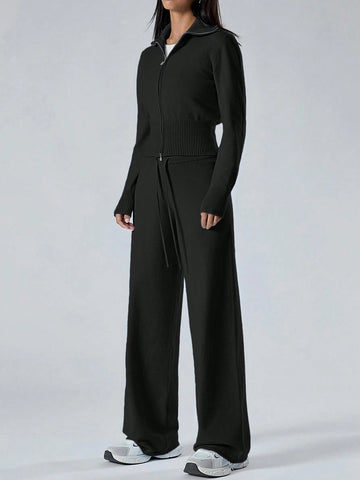 Women's Solid Color Zip Collar Long Sleeve Sweater Cardigan And Knit Pants Women's Solid Color Zip Collar Long Sleeve Sweater Cardigan And Knit Pants