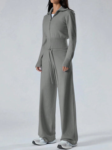 Women's Solid Color Zip Collar Long Sleeve Sweater Cardigan And Knit Pants Women's Solid Color Zip Collar Long Sleeve Sweater Cardigan And Knit Pants