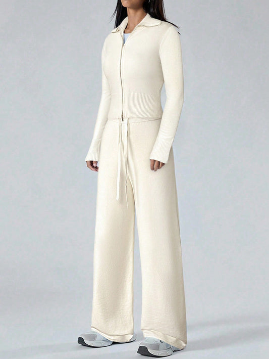 Women's Solid Color Zip Collar Long Sleeve Sweater Cardigan And Knit Pants